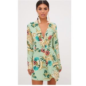 Sage botanical print long sleeve faux wrap dress
